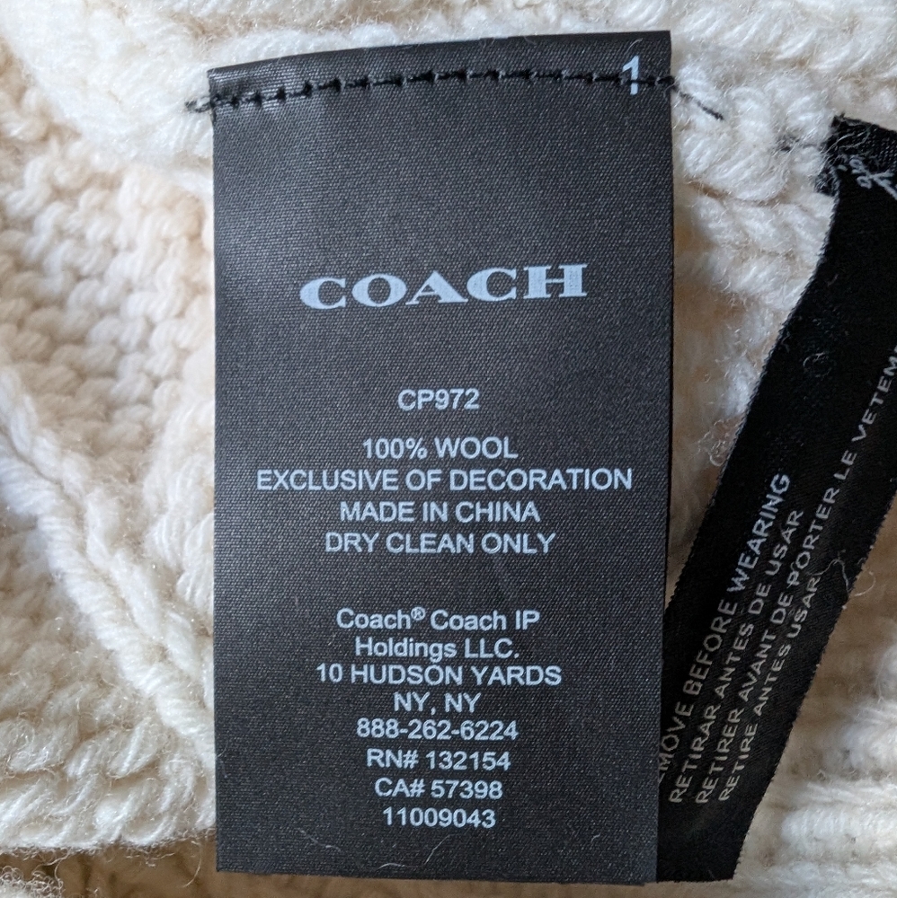 Coach Ivory Braided Cable Knit V-neck Wool Sweater, Embroidered Logo Size XS NWT - Picture 11 of 11